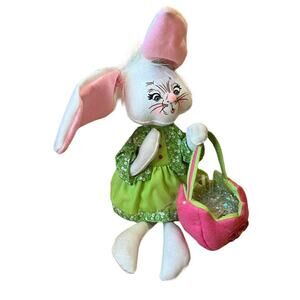 Annalee 12" Spring Girl Bunny Rabbit Doll 2009 Pink Basket Green Dress Easter